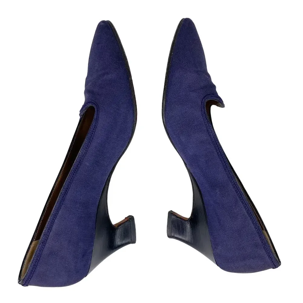 Yves Saint Laurent YSL Vintage Ribbed Navy Silk Pumps 7M Heels 2.25